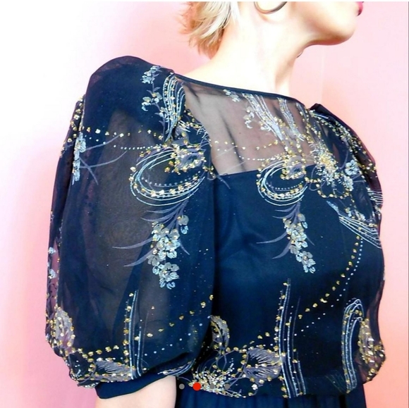 Gold Vintage Puff Sleeve Dress - Picture 3 of 7